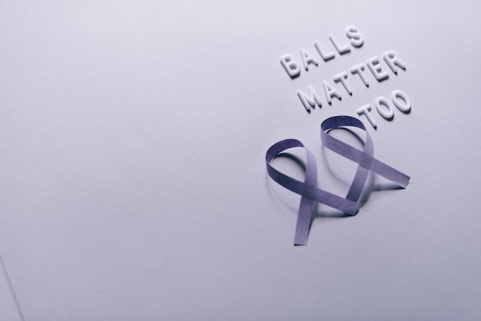 Purple ribbons and text promoting testicular cancer awareness on a light background.