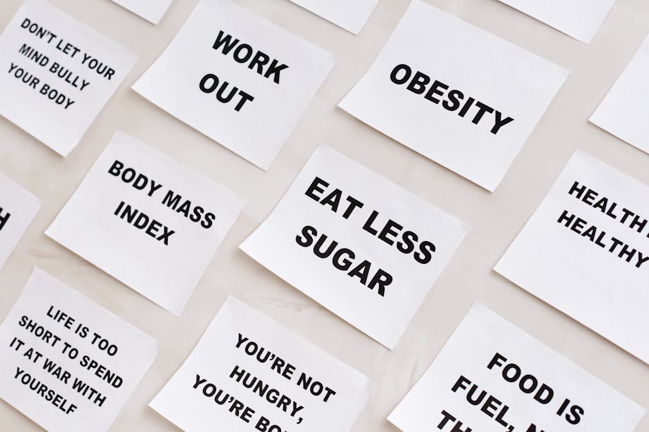 Collection of motivational notes promoting health and wellness found on paper notes.