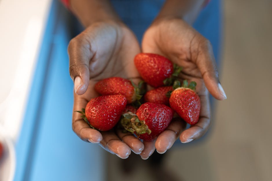 A close-up image of hands gently holding ripe strawberries, showcasing freshness.