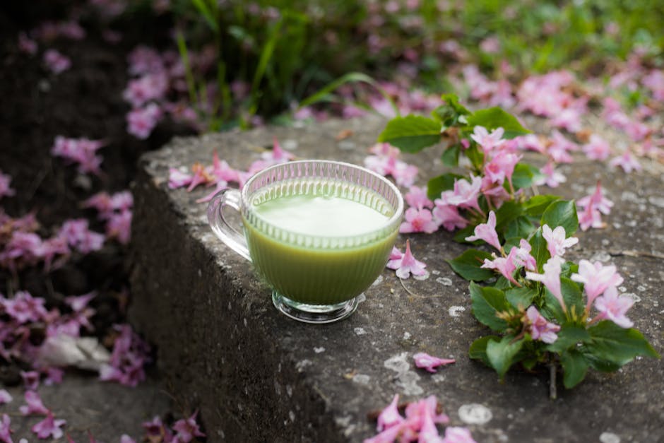 A cup of green matcha tea surrounded by spring blossoms on a stone surface, evoking a serene outdoor setting.