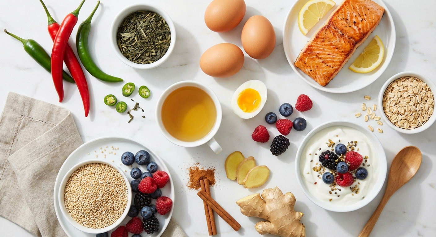 Metabolism-boosting foods including chili peppers, green tea, eggs, salmon and berries