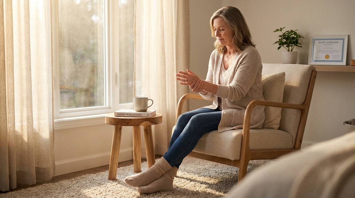 Person massaging tingling hand at home with feet visible in soft natural light