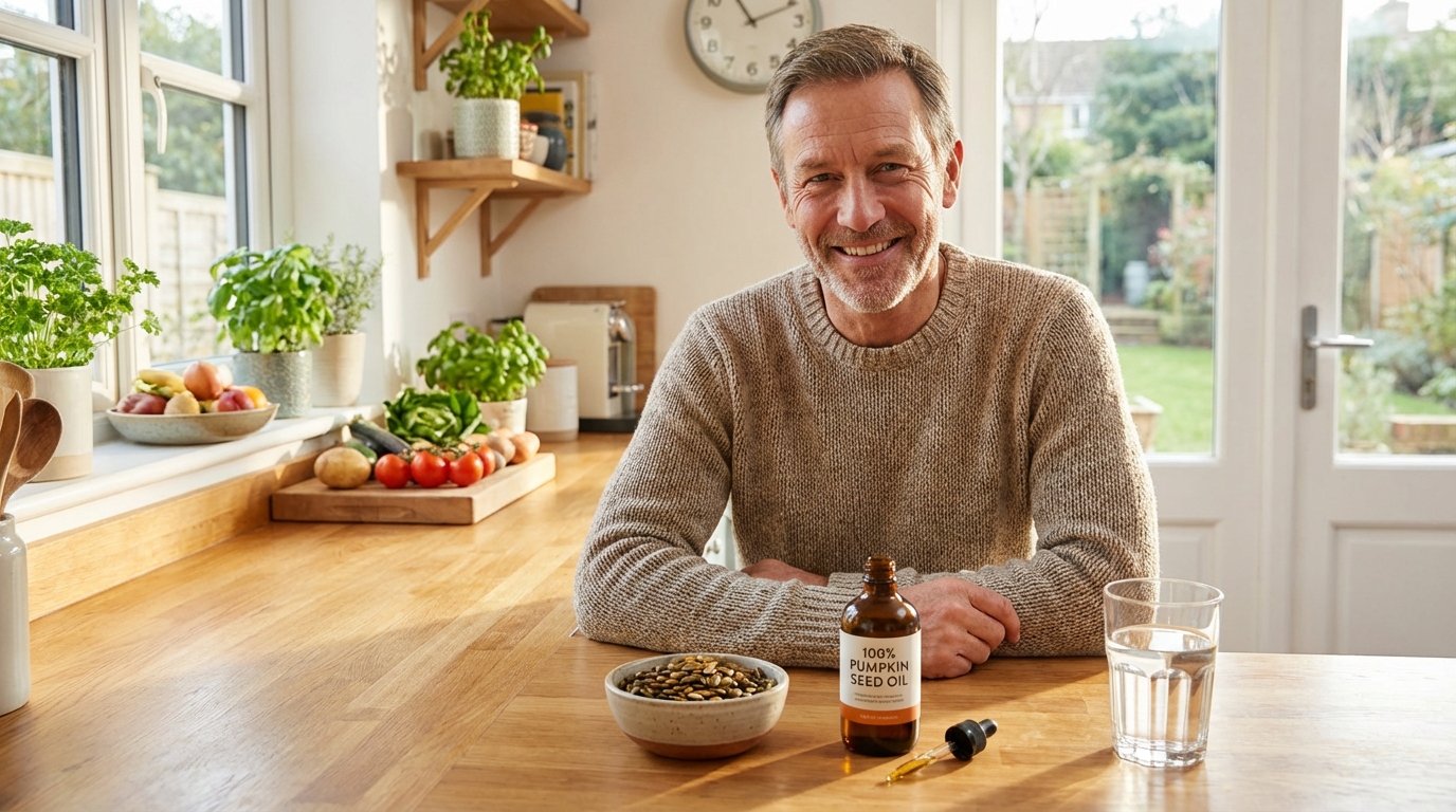 Pumpkin seed oil and pumpkin seeds on a kitchen counter for a prostate health article